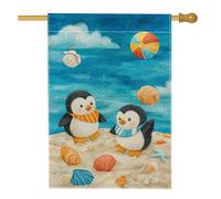 Joli drapeau de jardin pingouin, scène de plage colorée, bannière de décoration saisonnière, drapeau de cour, drapeau de cour en toile de jute, décoration de pelouse d'été extérieure 71 x 101,6 cm
