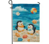 Joli drapeau de jardin pingouin, scène de plage colorée, bannière de décoration saisonnière, drapeau de cour, drapeau de cour en toile de jute, décoration de pelouse d'été extérieure 30,5 x 45,7 cm