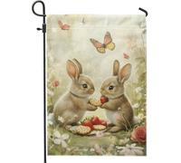 Joli drapeau de jardin printanier, adorables lapins avec fraises, décoration de pelouse, bannière double face en toile de jute pour décoration de Pâques, thème floral, design coloré vif, 30,5 x 45,7