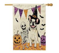 Joli drapeau de maison vertical en toile de jute pour Halloween, bouledogue français, 71,1 x 101,6 cm, double face pour extérieur, tête de mort, citrouille effrayante, chiot imprimé, décoration