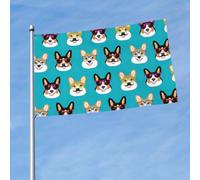 Joli drapeau imprimé lunettes et moustaches corgi avec œillets en laiton, tissu à séchage rapide, pour cour, balcon, porche, fête - 0,9 x 1,5 m