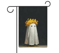 Joli fantôme avec fleurs jaunes sur la tête, drapeau de jardin, vacances saisonnières, toile de jute double face, drapeaux d'extérieur pour maison, cour, 30,5 x 45,7 cm