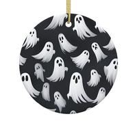 Joli fantôme blanc Halloween motif 1 imprimé arbre de Noël ornement à suspendre, décoration en céramique, pendentif rond en porcelaine de Noël