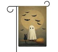 Joli fantôme chat blanc assis sur un balai, drapeau de jardin saisonnier en toile de jute double face pour maison, cour, drapeaux extérieurs 30,5 x 45,7 cm