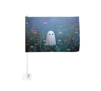 Joli fantôme dans un champ de fleurs drapeau de voiture extérieur clip fenêtre 30 x 45 cm double face décoration de voiture