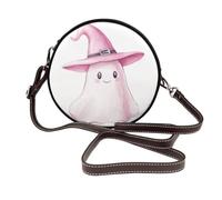 Joli fantôme portant un chapeau de sorcière rose pour femme Sacs à bandoulière ronds en cuir Sac à main