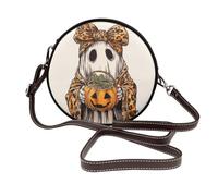 Joli fantôme tenant un seau à bonbons en forme de citrouille, sac à bandoulière rond en cuir pour femme