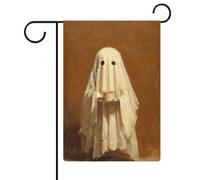 Joli fantôme tenant une tasse à café, drapeau de jardin, vacances saisonnières, toile de jute double face, drapeaux extérieurs de maison, cour, 30,5 x 45,7 cm