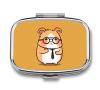 Joli hamster portant des lunettes - Pilulier portable à 2 compartiments - Avec miroir - Pour sac à main de poche - Mini organisateur de médicaments en métal pour vitamines, huile de poisson