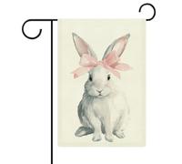 Joli lapin avec un nœud rose - Drapeau de jardin saisonnier en toile de jute double face - 30,5 x 45,7 cm