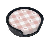 Joli Motif à Carreaux de Buffle Rose en Forme de cœur,Lot de 6 Dessous de Verre Ronds en Cuir synthétique avec Support pour la Maison, Le Bureau et la Cuisine