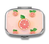 Joli organiseur de pilules de pamplemousse avec miroir, pilulier de voyage en métal à 2 compartiments pour médicaments quotidiens, design compact et artistique pour sac à main, poche ou portefeuille