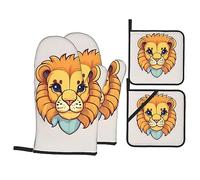 Joli petit lion de dessin animé. Cet ensemble unique de maniques et maniques imprimés est une combinaison attrayante, en polyester résistant à l'eau et en tissu isolant thermique.
