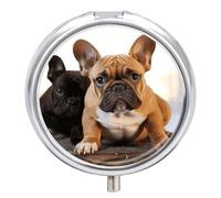 Joli pilulier bouledogue français à 3 compartiments pour sac à main ou poche, mini pilulier en métal, récipient à médicaments quotidien rond pour contenir des vitamines, de l'huile de poisson