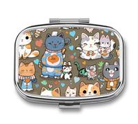 Joli pilulier carré en métal à 2 compartiments en forme de chats de dessin animé, mini étui à médicaments de voyage avec miroir mignon pour sac à main de poche