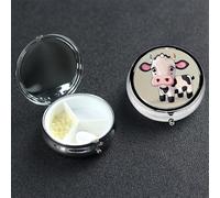 Joli pilulier en forme de vache blanche avec miroir, 3 compartiments décoratifs pour sac à main ou poche, petit pilulier rond en métal hebdomadaire pour médicaments, comprimés et vitamines, cadeau de