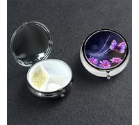 Joli pilulier papillon violet avec miroir 3 compartiments décoratifs pour sac à main ou poche Petit pilulier rond en métal pour médicaments médicaments comprimés vitamines cadeau de voyage