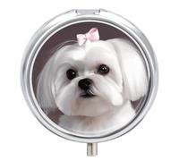 Joli pilulier rond en forme de petit chien maltais avec miroir, 3 compartiments, portable, pour le voyage quotidien