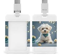 Joli porte-badge d'identification de chien maltais avec lanière verticale en plastique - Pochette de protection étanche pour le bureau - Pour homme et femme