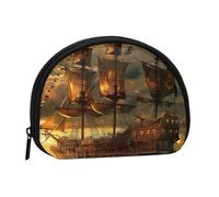 Joli porte-monnaie et mini pochette à changer, bateau pirate fantaisie imprimé, petit sac à monnaie tendance avec fermeture éclair pour femme, noir, taille unique, demi-cercle, Noir , Taille unique