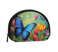 Joli porte-monnaie et mini pochette à changer, papillon bleu et fleurs, petit sac à monnaie tendance avec fermeture éclair pour femme, noir, taille unique, demi-cercle, Noir , Taille unique