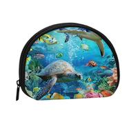 Joli porte-monnaie et mini pochette à changer, poisson tropical, tortue, baleines, petit sac à monnaie tendance avec fermeture éclair pour femme, noir, taille unique, demi-cercle, Noir , Taille unique