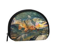 Joli porte-monnaie et mini pochette à changer, truite de ruisseau, pêche à la mouche, petit sac à monnaie tendance avec fermeture éclair pour femme, noir, taille unique, demi-cercle, Noir , Taille