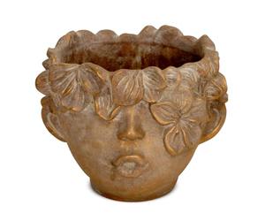 Joli pot de fleurs avec visage et couronne de fleurs marron doré - 20 x 17,5 cm - Tête de plante en ciment comme décoration de table - Pot de plantes pour la porte d'entrée comme décoration de couloir
