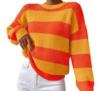Joli pull rayé aux couleurs contrastées pour femme, surdimensionné, confortable, ample, col rond, pull fin tricoté, Orange, M-6XL