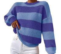 Joli pull rayé aux couleurs contrastées pour femme, surdimensionné, confortable, ample, col rond, pull fin tricoté, bleu, XL-6XL