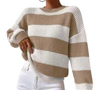Joli pull rayé aux couleurs contrastées pour femme, surdimensionné, confortable, ample, col rond, pull fin tricoté, marron, XL-6XL