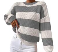 Joli pull rayé aux couleurs contrastées pour femme, surdimensionné, confortable, ample, col rond, pull fin tricoté, gris, M-6XL