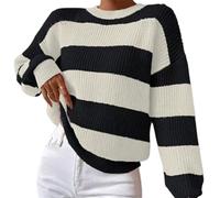 Joli pull rayé aux couleurs contrastées pour femme, surdimensionné, confortable, ample, col rond, pull fin tricoté, Noir , XL-6XL