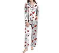 Joli pyjama long pour femme - Coupe régulière - Vêtements de nuit de Noël à manches longues - Vêtements de nuit à boutons - Joli motif fraise - Doux - Motif amour - Vêtements de nuit pour petite amie