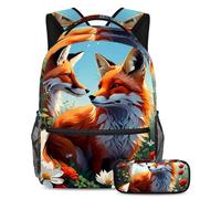 Joli renard et fleur Préparez-vous pour l'école avec notre ensemble de 2 cartables pour enfants, garçons, filles, adolescents, sac à livres de voyage et trousse à crayons duo, multicolore,
