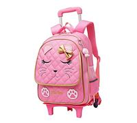 Joli sac à dos à roulettes pour filles, sac d'école, imprimé visage de chat, sacs à dos à roulettes pour enfants, bagage de voyage, 6 roues rose, L