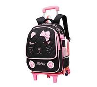 Joli sac à dos à roulettes pour filles, sac d'école, imprimé visage de chat, sacs à dos à roulettes pour enfants, bagage de voyage, 6 roues Noir, L