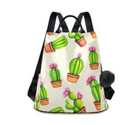 Joli sac à dos aquarelle cactus fleurs roses, panneau avant imprimé et poche principale arrière zippée, poignées en cuir, sangles souples