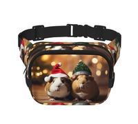 Joli sac banane carré à double couche portant un chapeau de Noël avec imprimé intégral, tissu sergé durable, sac banane multi-poches pour sports de plein air et voyage