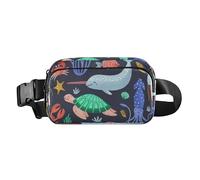 Joli sac banane pour femmes, hommes, adolescents, mini sac à bandoulière avec sangle réglable pour voyage, gym, travail, mot « Happy Sea », créatures bleues tortues, Happy Sea Word Blue Creatures
