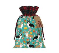 Joli sac cadeau de fête de Noël imprimé corgi en lin avec cordon de serrage pour Noël, vacances, mariage, friandises, bonbons, bijoux, sacs à bijoux, tissu à carreaux