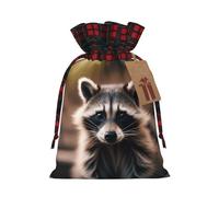 Joli sac cadeau de fête de Noël imprimé raton laveur en lin avec cordon de serrage pour Noël, vacances, mariage, friandises, bonbons, bijoux, sacs à bijoux, tissu à carreaux