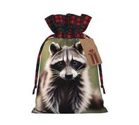 Joli sac cadeau de fête de Noël imprimé raton laveur en lin avec cordon de serrage pour Noël, vacances, mariage, friandises, bonbons, bijoux, sacs à bijoux, tissu à carreaux