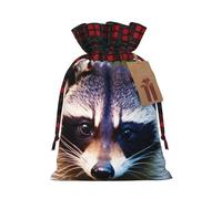 Joli sac cadeau de fête de Noël imprimé raton laveur en lin avec cordon de serrage pour Noël, vacances, mariage, friandises, bonbons, bijoux, sacs à bijoux, tissu à carreaux
