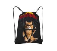 Joli sac de gym à cordon élégant avec poche avant zippée pour la course à pied, Chat parachute mignon noir, One Size