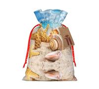 Joli sac de Noël avec cordon de serrage imprimé étoile de mer et coquillages sur la plage 12 x 17 cm pour fête de Noël
