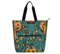 Joli sac fourre-tout décoratif pour enfants, femmes, hommes, dessin animé, orange, citrouille maléfique, robuste, réutilisable, sac d'épicerie, sac de plage avec fermeture éclair pour l'école, le