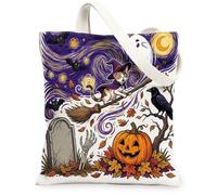 Joli sac fourre-tout en toile avec motif de sorcière Devon Rex pour faire du shopping, 33 x 38,1 cm, cimetière effrayant réutilisable, motif d'épicerie pour femme, plage effrayante, peinture