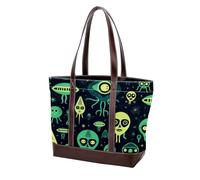 Joli sac fourre-tout vert Alien-1 en cuir durable et toile pour femme avec poignée sur le dessus, Multicolore 05, 33.8x12x31cm/13.3x4.7x12.2 in