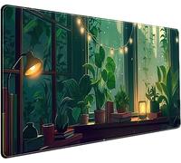 Joli sous-main vert Lofi avec plantes, tapis de souris, esthétique de la forêt d'anime, tapis de bureau nature, XXL grand tapis de souris étendu de jeu pour PC, ordinateur portable, clavier et souris,